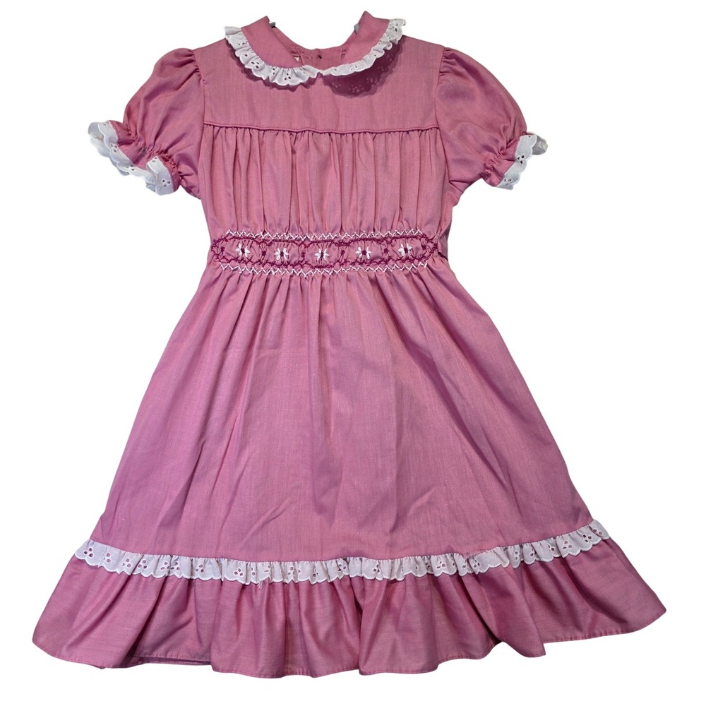 Vintage Winnie the Pooh Pink Smocked Eyelet Dress Sears Perma-Prest Girls 6X